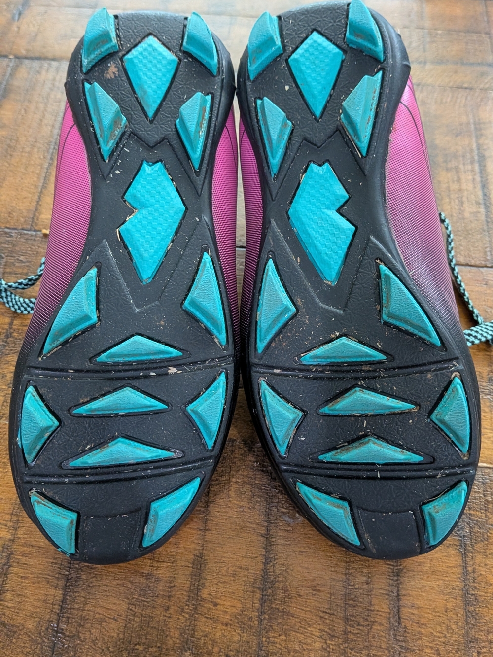 DSG Pink and Black Kids Soccer Cleats with Teal Accent Laces - Picture 2 of 5